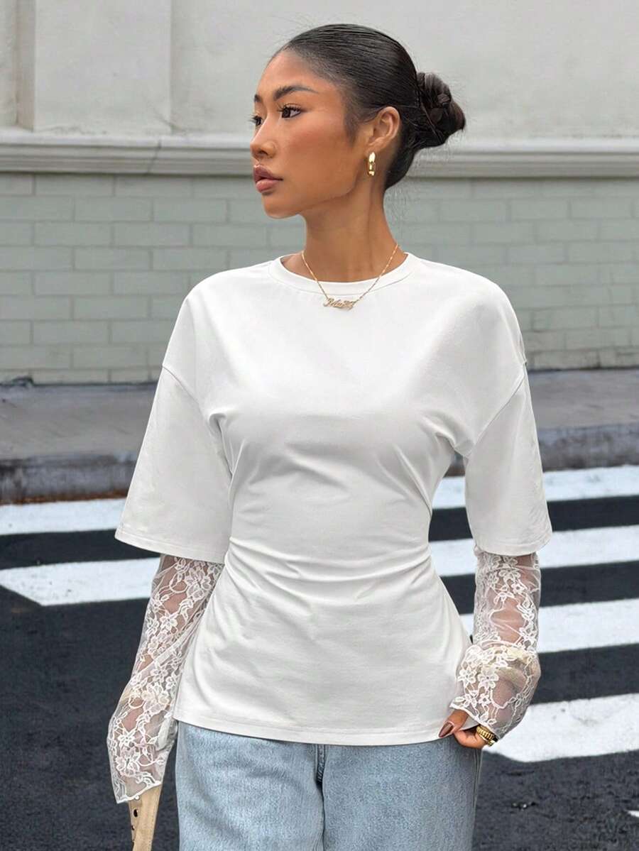 Muchica Women's White Knit Waist Design Contrast Lace 2 In 1 T-Shirt For Going Out Outfits, Streetwear, Y2K Clothes, White Top With Lace Sleeves - White - View 1