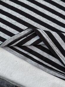 少女黑色和灰色条纹圆领短袖修身露脐T恤 - 黑色 - 查看 5