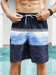 Manfinity Swimmode Men's Striped Drawstring Waist Pocket Beach Shorts - Multicolor - View 5