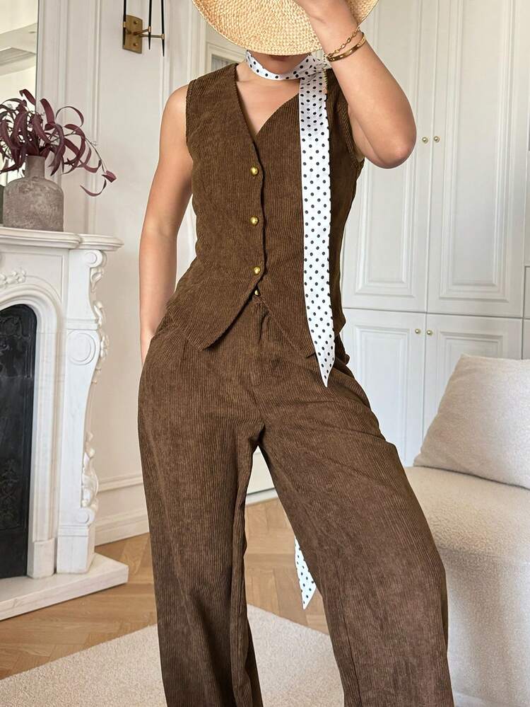 Women's Casual Solid Color Textured Vest And Wide Leg Pants 2 Pieces Set, Spring/Summer