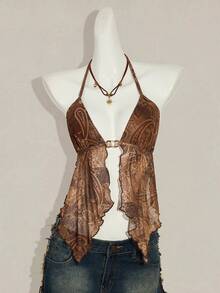 SHEIN ICON 吊带无袖复古印花露背吊带背心 - 棕色 - 查看 5