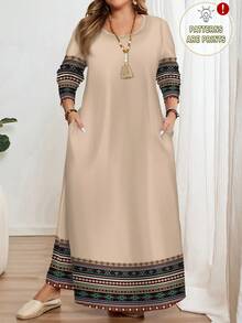 EMERY ROSE 大码休闲几何印花波西米亚风长袖圆领连衣裙，适合秋冬季穿着 - 彩色 - 查看 1