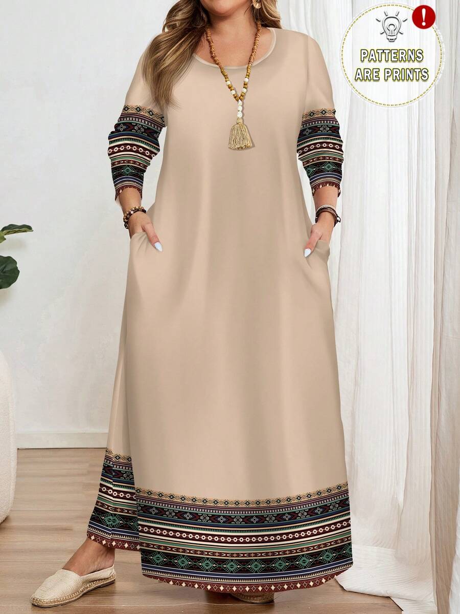 EMERY ROSE 大码休闲几何印花波西米亚风长袖圆领连衣裙，适合秋冬季穿着 - 彩色 - 查看 1