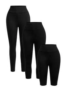 SHEIN SXY 3pcs/Set Casual Sports Daily Commute Simple Versatile Solid Black Leggings, 3 Lengths: Capri/7/8 Length/Full Length - Black - View 13