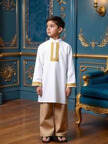 2pcs/Set Tween BoyCasual Long Robe With Stand Collar And Straight Leg Pants Outfit