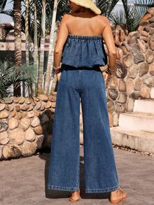 Breezaya New Sexy Loose Straight Elastic Waist Drawstring Women Jeans Pants, Drawstring Ruched Denim Tube Top Summer  Vacation