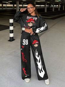 Slaydiva 大码女式休闲街头风格宽松运动两件套，适合秋冬季，火焰印花，数字印花，黑色人物印花 - 彩色 - 查看 2