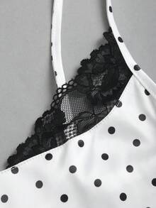 Sweetra 女士法式缎面波点蕾丝拼接修身吊带背心，夏季 - 白色 - 查看 6
