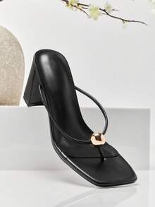 SHUZIA Women's Square Toe Spaghetti T Straps Chunky High Heel Embellished Sandals - Black - View 7