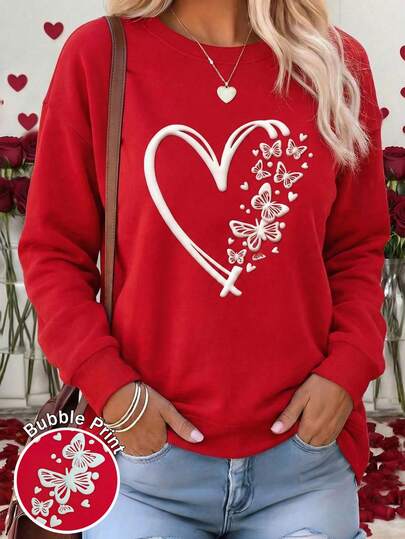 EMERY ROSE Valentine's Day Heart Foil Print "Happy Valentine's Day" PNG Design, Butterfly PNG Valentine's Day Sublimation Design, Women's Crew Neck Sweatshirt