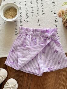 SHEIN LMoss Kids Baby Girl Casual Striped Bow Print Wrap Shorts, Summer - Purple - View 5