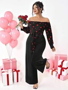 Elenzga Casual Plus Size Off The Shoulder Long Jumpsuit With Heart Print Three Quarter Length Sleeves And Belted Detail - Multicolor - View 1