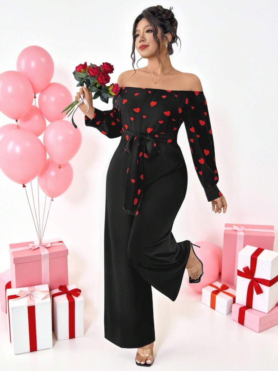 Elenzga Casual Plus Size Off The Shoulder Long Jumpsuit With Heart Print Three Quarter Length Sleeves And Belted Detail - Multicolor - View 1