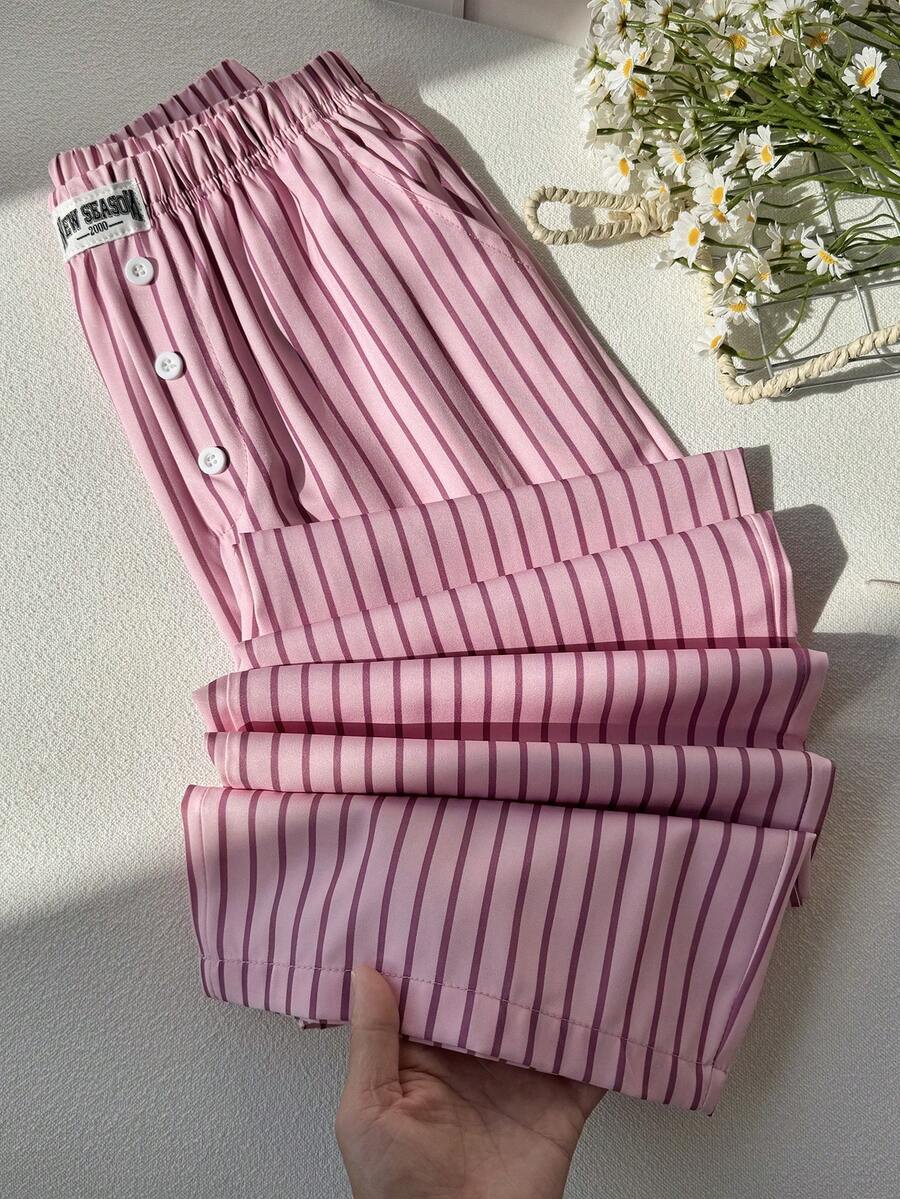 Sparklyn Tween Girls Loose Casual Chic Sports Textured Striped Wide Leg Pants, Suitable For Daily Commute, Leisure, Vacation, Gathering With Friends, Street Style, Spring/Summer - Pink - View 1