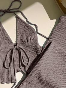 Elamini Women's Textured Pleated Halter Top And Loose Wide Leg Pants Set Comfortable Two Piece Set - Grey - View 3