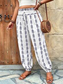 Weeklong Plus Size Retro Print Elastic Waist Harem Pants, Casual Vacation - Multicolor - View 5
