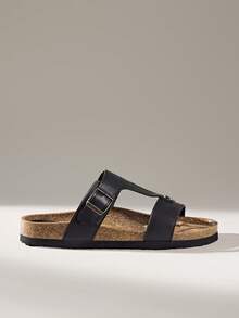 Solecia 女士金属扣+纽扣设计露趾沙滩凉鞋，黑色，适合日常穿着 - 黑色 - 查看 2