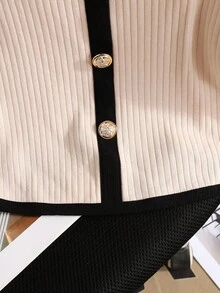 SHEIN Camiseta de manga corta elegante y casual con contraste de costilla para adolescentes - Caqui - Ver 4