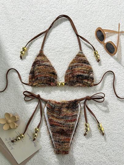 Swim Mod Summer Beach 2pcs Women Set, Brown Fuzzy Knit Fabric Top With Gold Beaded Decor Halter, Tie Side Bikini Bottom Swimsuit