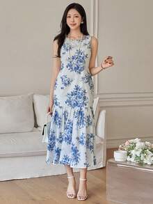 DAZY 女士优雅印花圆领无袖鱼尾中长连衣裙，夏季婚礼宾客礼服 - 藍色 - 查看 3