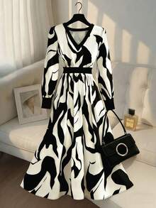 GlowEve Đầm dài tay cổ chữ V thanh lịch dành cho nữ, họa tiết nhuộm tie-dye phối màu trơn, thiết kế ôm eo tôn dáng, phù hợp cho mùa xuân/hè, đi làm hàng ngày, dự tiệc, tạo nên bộ trang phục tinh tế cá tính. - Đen và trắng - Xem 6