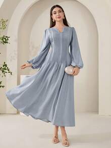 Veilorie Đầm Ả Rập thanh lịch, màu trơn, cổ chữ V, tay phồng, xếp ly dành cho nữ - Màu nâu  Mocha - Xem 4