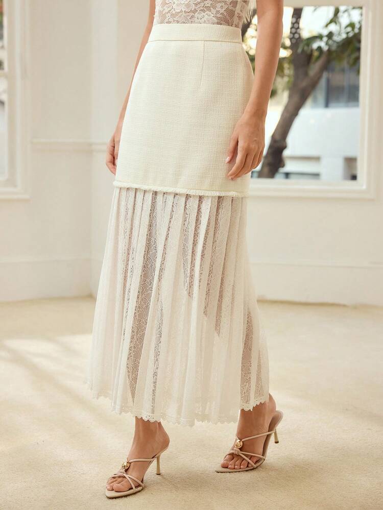 WOMEN'S ROMANTIC LACE PATCHWORK PLEATED A-LINE SKIRT, SUITABLE FOR SPRING/SUMMER DATES