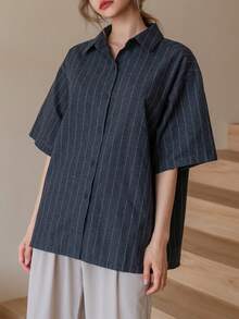 DAZY Striped Button Front Shirt Preppy Tops Fall - Grey - View 7