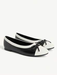 CUCCOO CHICEST 女士新款法式时尚蝴蝶结拼接圆头平底鞋，棕色休闲百搭轻便舒适简约优雅芭蕾舞鞋 - 黑與白 - 查看 9