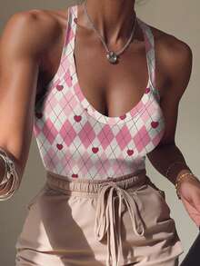 Rovax 女士性感度假休闲菱形格纹爱心印花修身连体衣，夏季