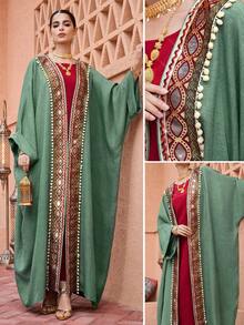 SHEIN Najma Elegant Ribbon Patchwork Long Sleeve Flared Women's Abaya - Green - View 2