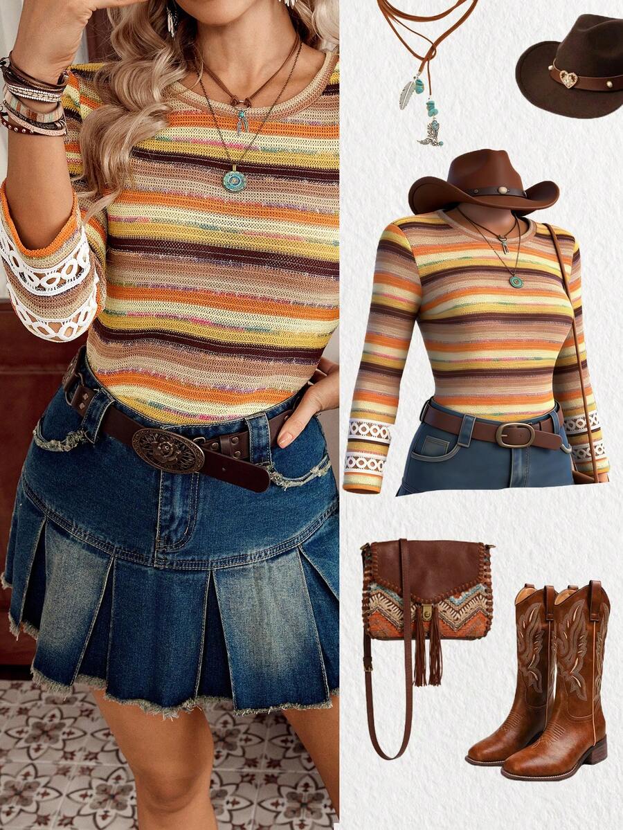 LanaWest Women's Western Casual Jacquard Rainbow Stripe Cuff Lace Trim T-Shirt - Orange - View 1