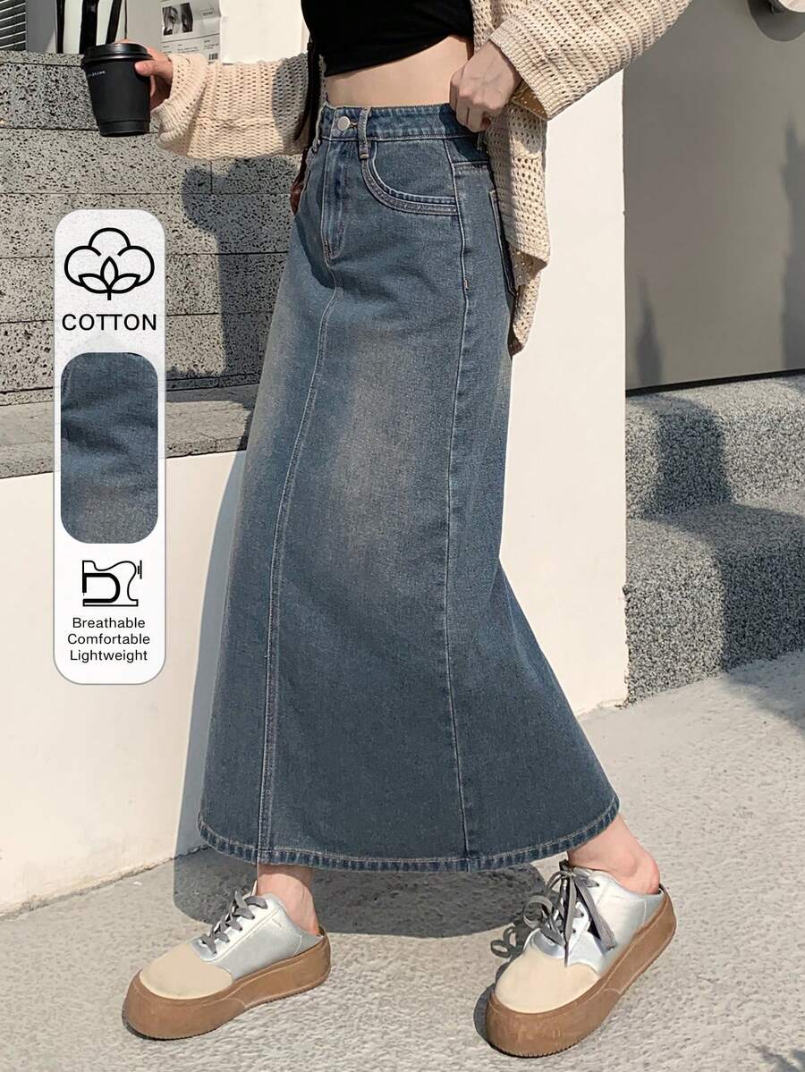 DAZY 女式长款牛仔A字裙、铅笔裙 - 中等水洗藍 - 查看 1