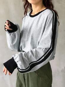 FRIFUL 女式圆领拼色条纹设计长袖宽松街头风格 T 恤，秋季服装 - 灰色 - 查看 9