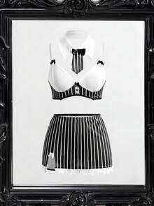 Fantasy Costume 两件套OL角色扮演服装 - 网纱拼接迷你裙+内衣+领带，性感个性化女装 - 黑與白 - 查看 4