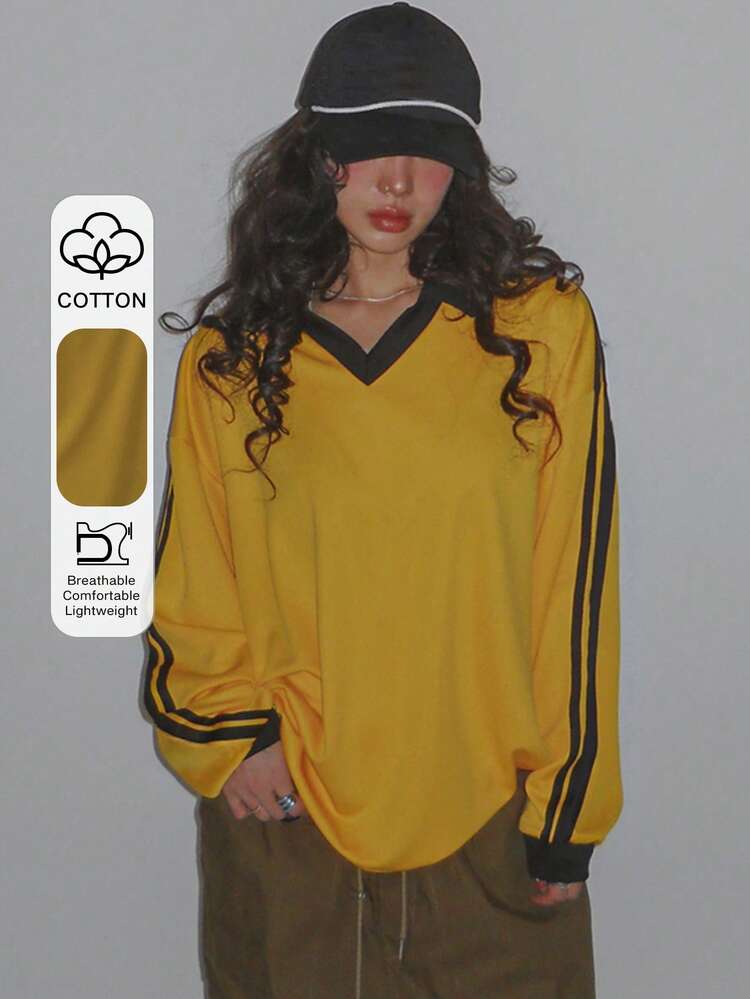 Women's Contrast Color Splicing Ribbon Loose V-Neck Long Sleeve T-Shirt, Yellow, Spring/Summer/Autumn