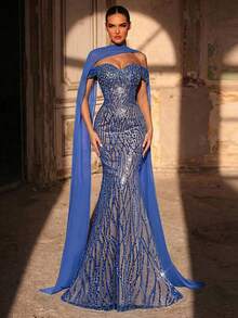 Glamrae Đầm dạ hội trễ vai dáng đuôi cá sang trọng, đính đá lấp lánh, thích hợp cho đám cưới, tiệc tùng, kỳ nghỉ, dạ hội và các dịp trang trọng (thêu họa tiết cầu kỳ). - cái hồ màu xanh - Xem 7