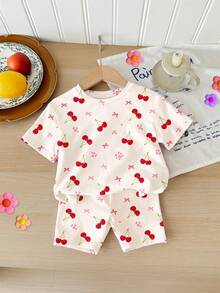 SHEIN 2pcs Baby Girl Casual Loose Fit Cherry, Floral, Bow Print Short Sleeve Round Neck T-Shirt And Skinny Bike Shorts Set, Suitable For Spring/Summer Daily Wear, Outings, Home, School - Multicolor - View 1