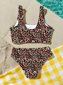 SHEIN Vintage Cute Mini Cherry Leopard Print Pattern, Young Girls Casual Minimalist Camisole & Triangle Bikini Swimwear Set, Suitable For Summer, Graphic Print, Cartoon, Vintage, Color Block, Y2K, Kawaii, Party, Hangout, Everyday, Vacation, Cute, Comfy, Summer 2026, Essentials, Cottagecore - Multicolor - View 2