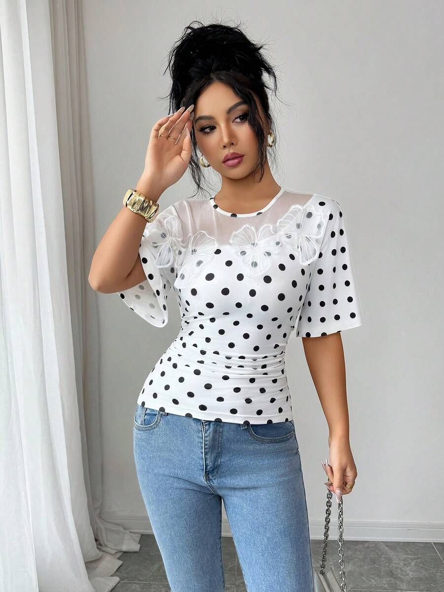 SHEIN Elenzya 女士波点印花时尚圆领网眼拼接T恤 - 白色 - 查看 1