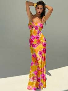 Aloruh 女士优雅橙红色花卉度假风全印花露背吊带连衣裙，适合海滩、度假村、郊游、旅行，时尚别致 - 白色 - 查看 3