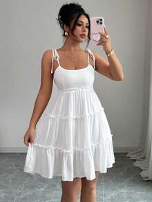 SHEIN PETITE Women's Sexy Beach Vacation Jacquard Ruffle Trim Multi-Layer Patchwork Backless Mini Dress - White - View 1