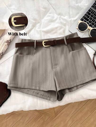 Franclia French Style Casual Retro Fashionable Striped Suit Shorts With Belt, Casual Shorts, Summer Shorts, Office Formal Trousers, Versatile Women's Summer Shorts Suitable For Going Out, Casual Shorts, Teacher's, Summer Casual, With Belt And Pockets, Versatile Trousers. Pinstripe Shorts Elegant Shorts For Women Shorts With Belt Shorts For Women 2 Piece Sets Woman Shorts Shorts Suits For Woman Dress Shorts For Women