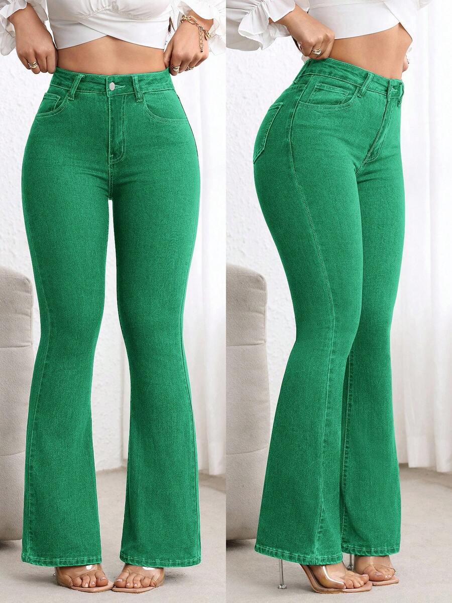 Flexra Quần jeans ống loe cạp cao có túi dành cho nữ, kiểu dáng thường ngày, đa năng. - màu xanh lá - Xem 1