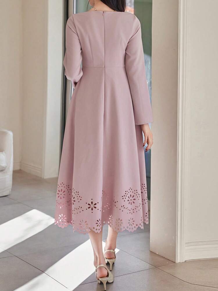 Women's Elegant Solid Color Square Neck Hollow Out Long Dress, Summer Spring Wedding Guest Dress Sundress