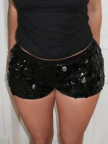 Turnttoni 女式黑色亮片朋克迷你短裤，性感超低腰超短裤，适合夏季海滩毕业复活节音乐会纳什维尔度假、音乐节 - 黑色 - 查看 3