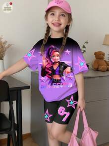 SHEIN 2件套少女休闲时尚彩色韩流女团字母星星印花可爱动漫韩流图案圆领短袖T恤和短裤套装，适合夏季、外出、度假、演唱会等场合。 - 彩色 - 查看 1