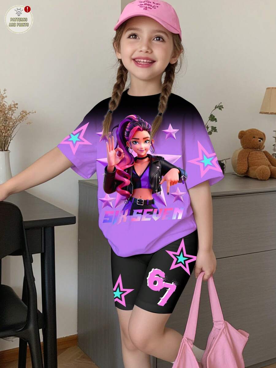 SHEIN 2件套少女休闲时尚彩色韩流女团字母星星印花可爱动漫韩流图案圆领短袖T恤和短裤套装,适合夏季、外出、度假、演唱会等场合。 - 彩色 - 查看 1
