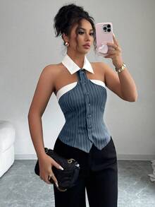 Elenzga Áo sơ mi nữ cổ yếm kẻ sọc đen phối màu tương phản, kiểu dáng thanh lịch, thích hợp cho mùa xuân/hè, đi nghỉ mát, công sở, đi chơi hàng ngày, hẹn hò, dự tiệc, thiết kế thời trang. - Xanh đậm - Xem 6