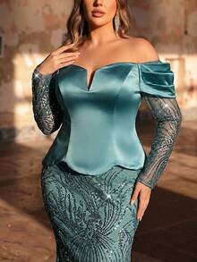 Aureia 大码优雅奢华灰蓝色露肩长袖薄纱弹力缎面拼接珠饰亮片花卉美人鱼连衣裙，适合婚礼、派对、度假、晚宴、正式场合（装饰繁复） - 藍色 - 查看 8